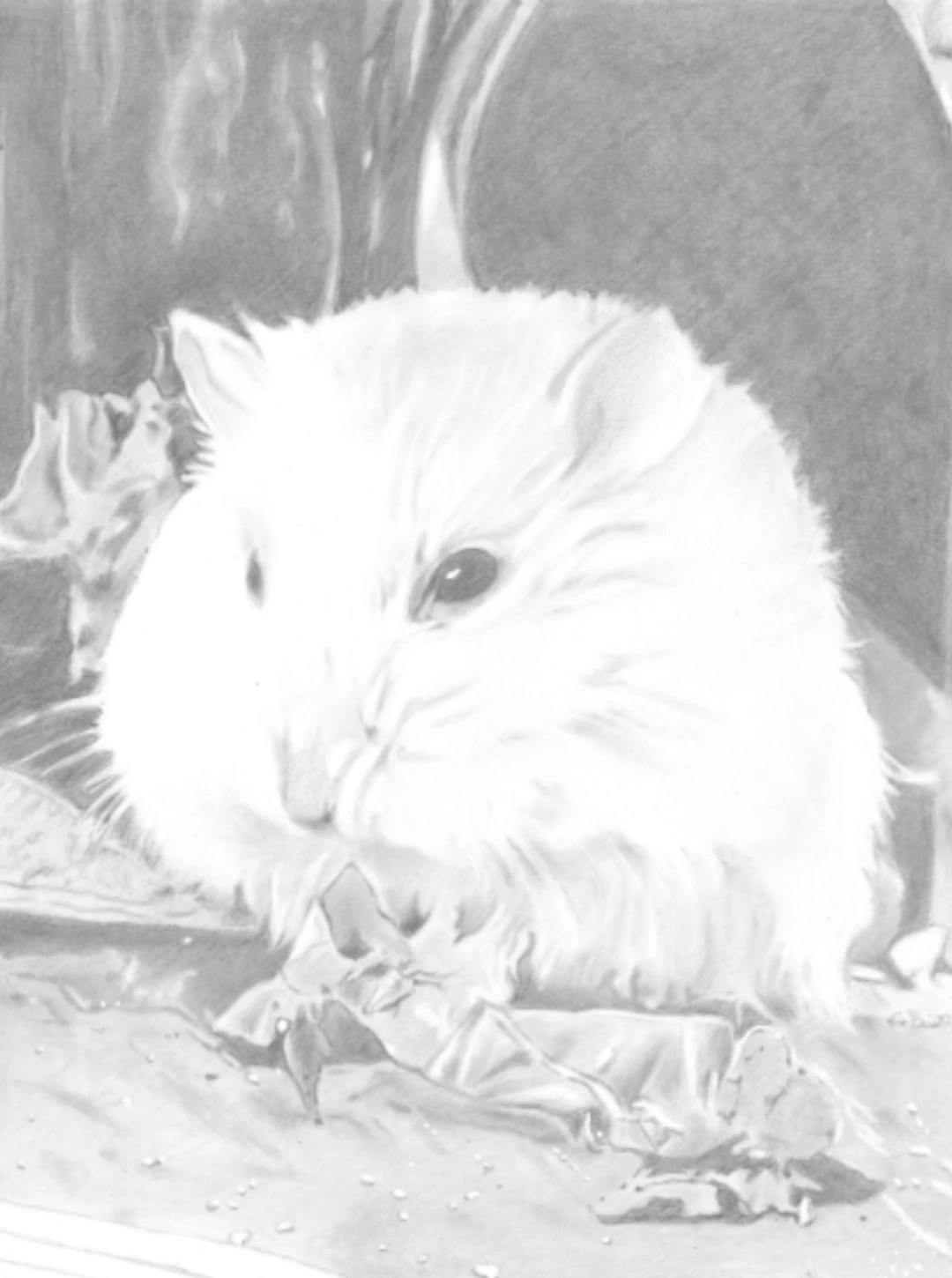 Handgetekend hamsterportret in potlood: witte hamster in zacht licht