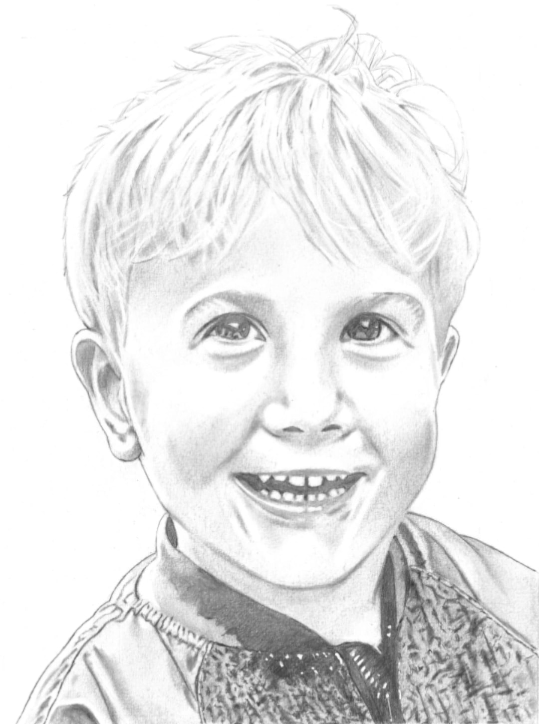 Handgetekend kinderportret in potlood: lachende jongen