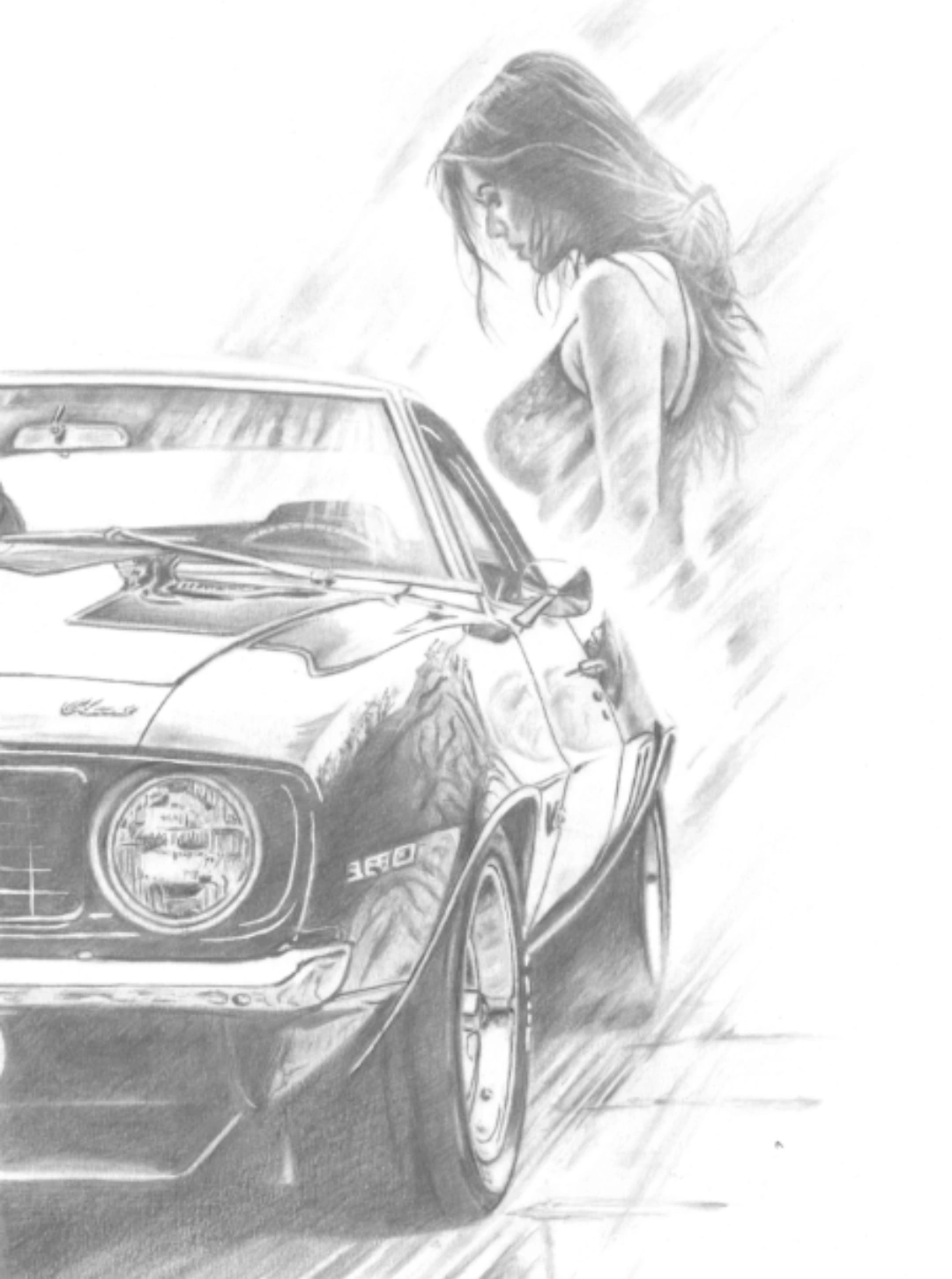 Handgetekend autoportret in potlood: Amerikaanse muscle car