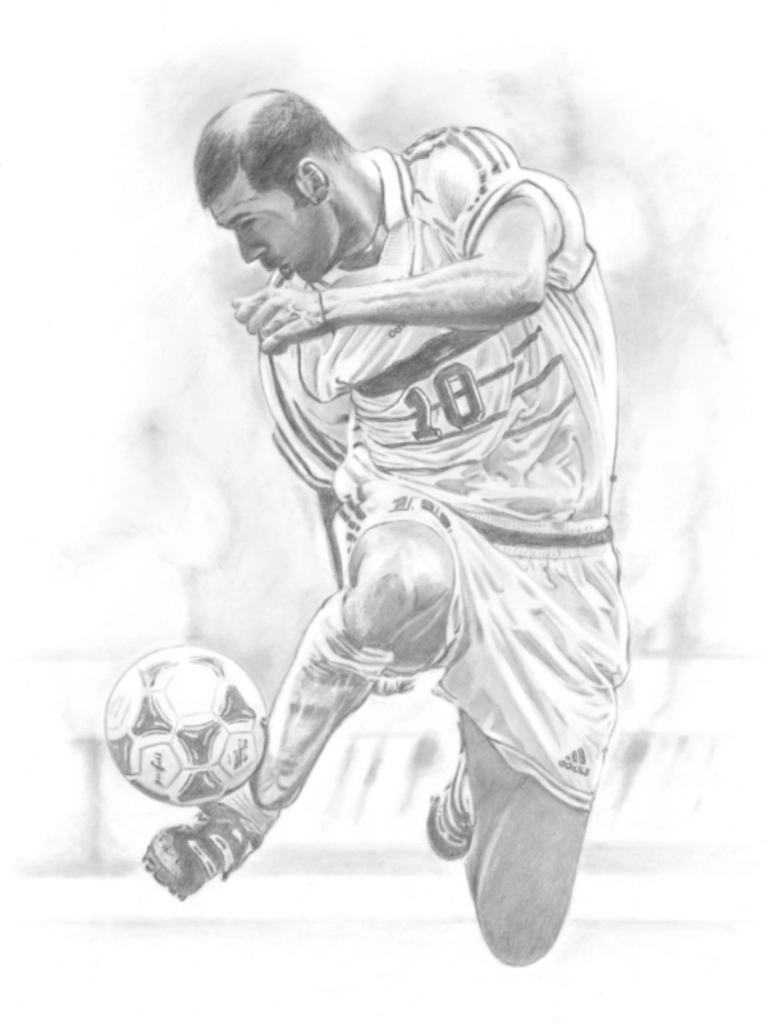Handgetekend idoolportret in potlood: voetballer in actie met de bal
